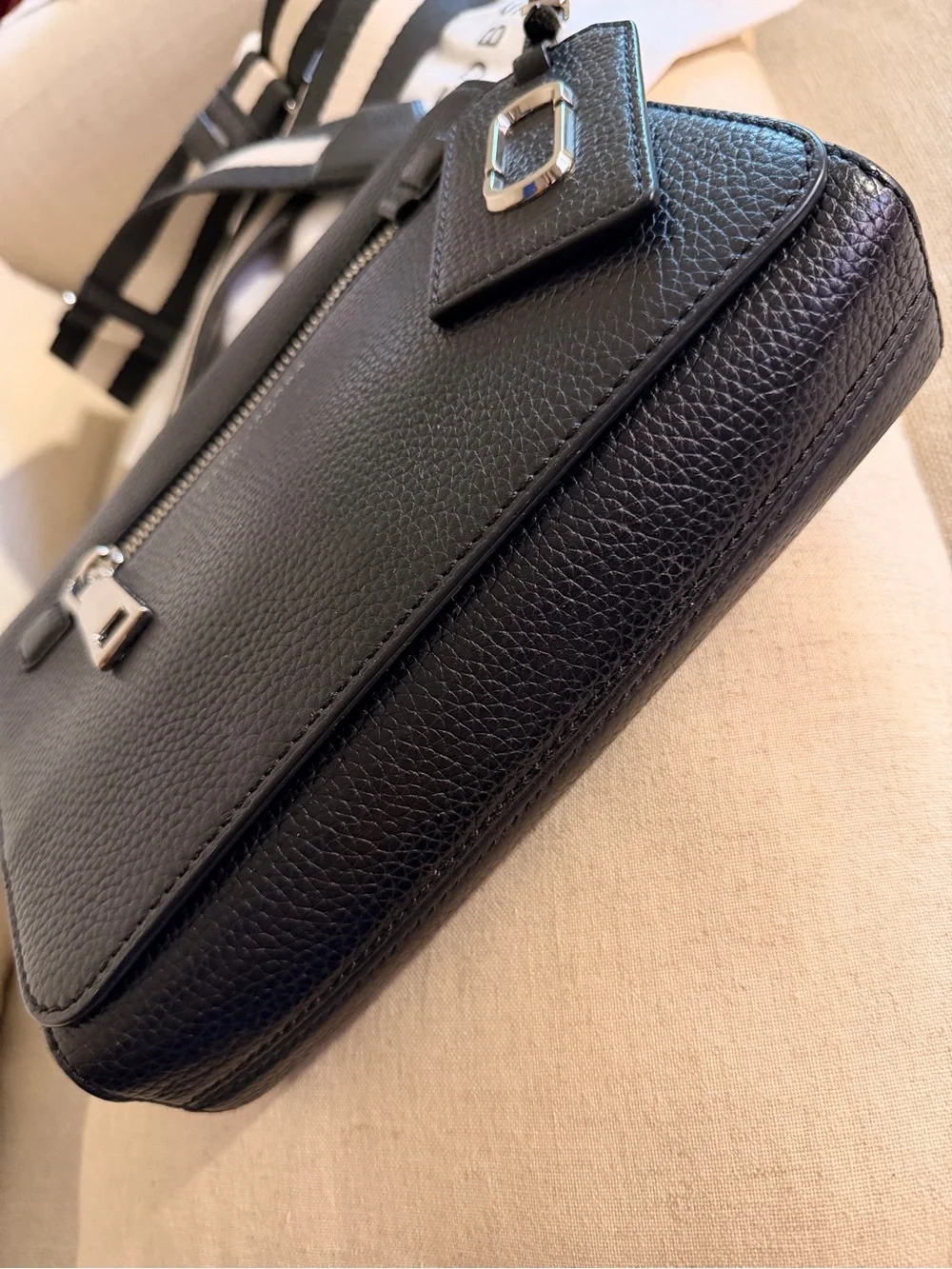 Marc Jacobs Black Leather Messenger Bag with Striped Strap